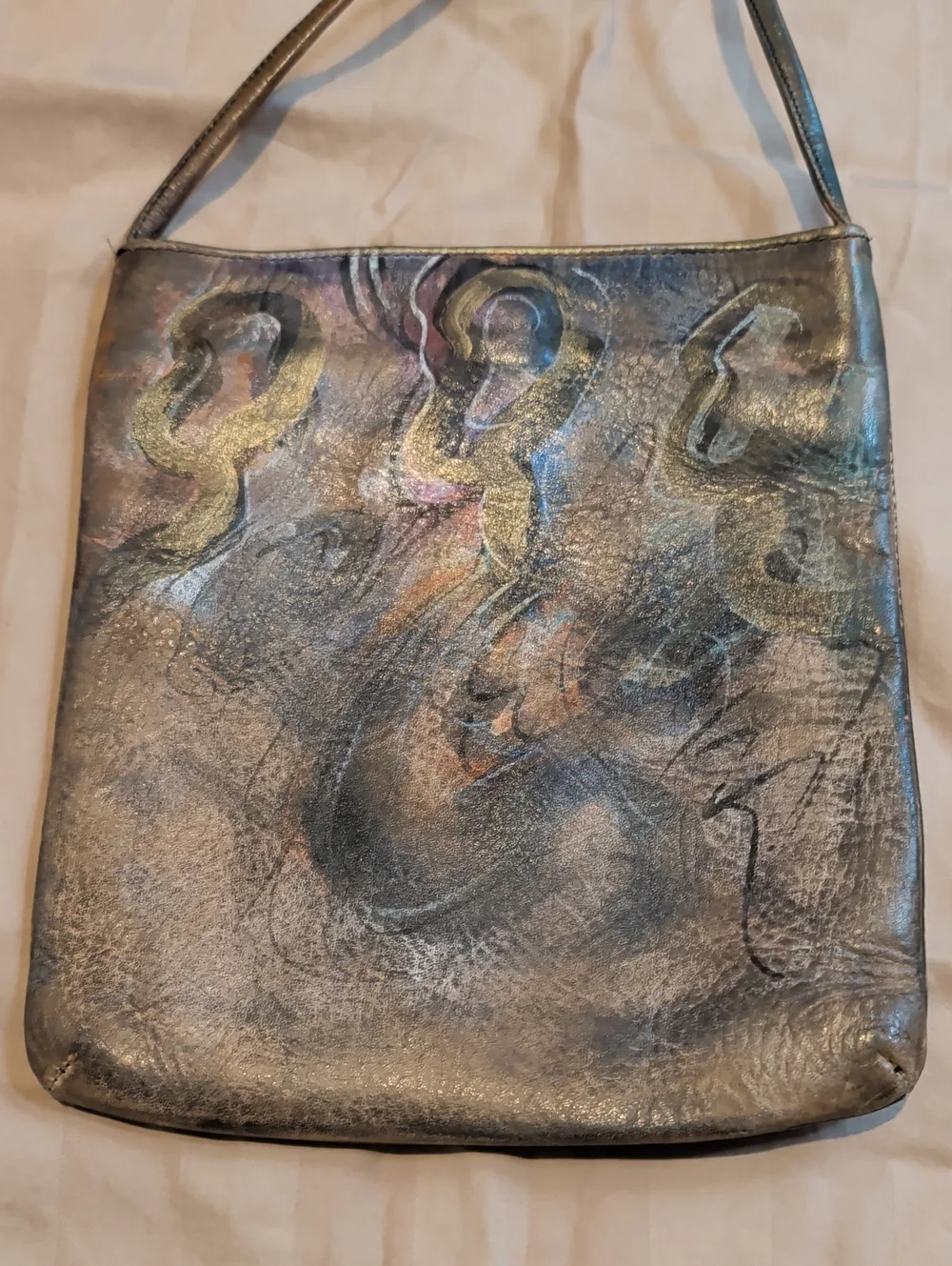 Vintage Hand Painted Jane Yoo Multitone Geo Accent Crossbody Leather Bag Signed